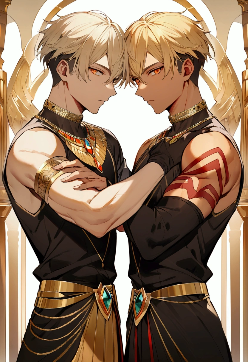 Handsome young man, blond, Orange Eyes, short hair,  Black Hoodie,high quality, Draw Amount, pixiv illustrations，Egyptian Dress Up，Gold Jewelry，Tanned skin，Red tattoo on the arm，muscle