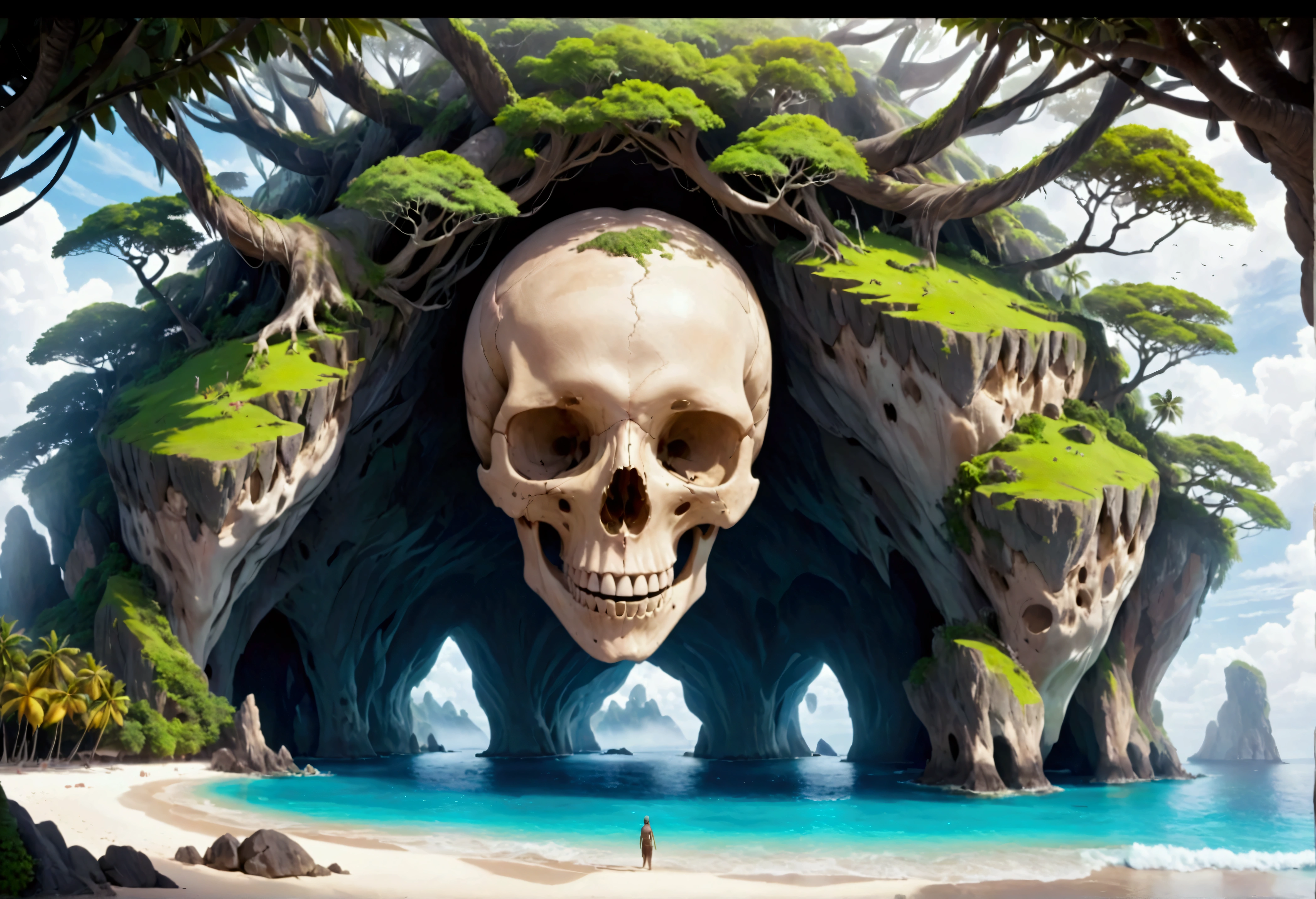 A tropical island, a gigantic human skull shaped cave opens up to the ocean, strange trees and animals grow on the island, fog hangs thin over the isle