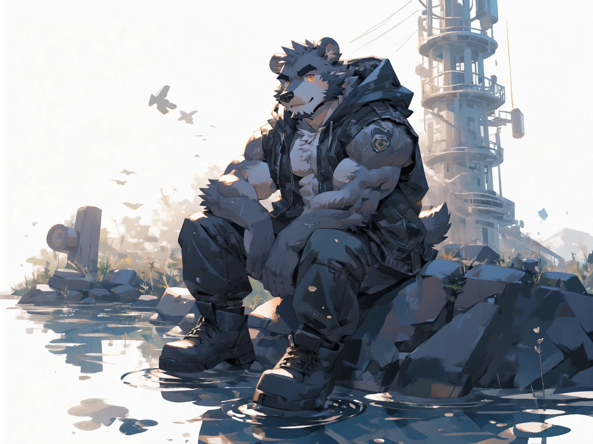 (masterpiece:1.2), best quality,pixiv,official art,perfect anatomy, (Ray tracing, light),solo, (1_male:1.3) , (muscle), (grey fur:1.4), (muscle bear), (beard:1.2), (gleaming golden eyes), bear tail, full body, Thick black eyebrows, (open short hoodie), (naked inside),Ripped short jeans, black short boots, (pure white background: 1.3), (on the water surface:1.3), (Salar de Uyuni:1.3), Reflection, reflect sky, wide