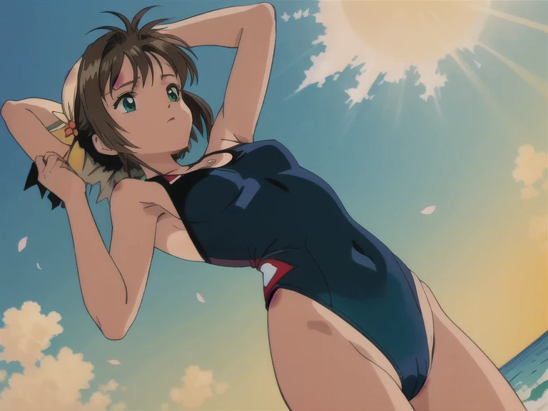 masterpiece, One girl, High resolution, Kimoto_cherry blossoms, Green Eyes, wear (One piece swimsuit), good atmosphere, Breaking it on the beach
(Upper Body), Very detailed, Full of details, blue sky, sun, Cinema Lighting, sand, Ocean, Crack, (sunset), Angle from below