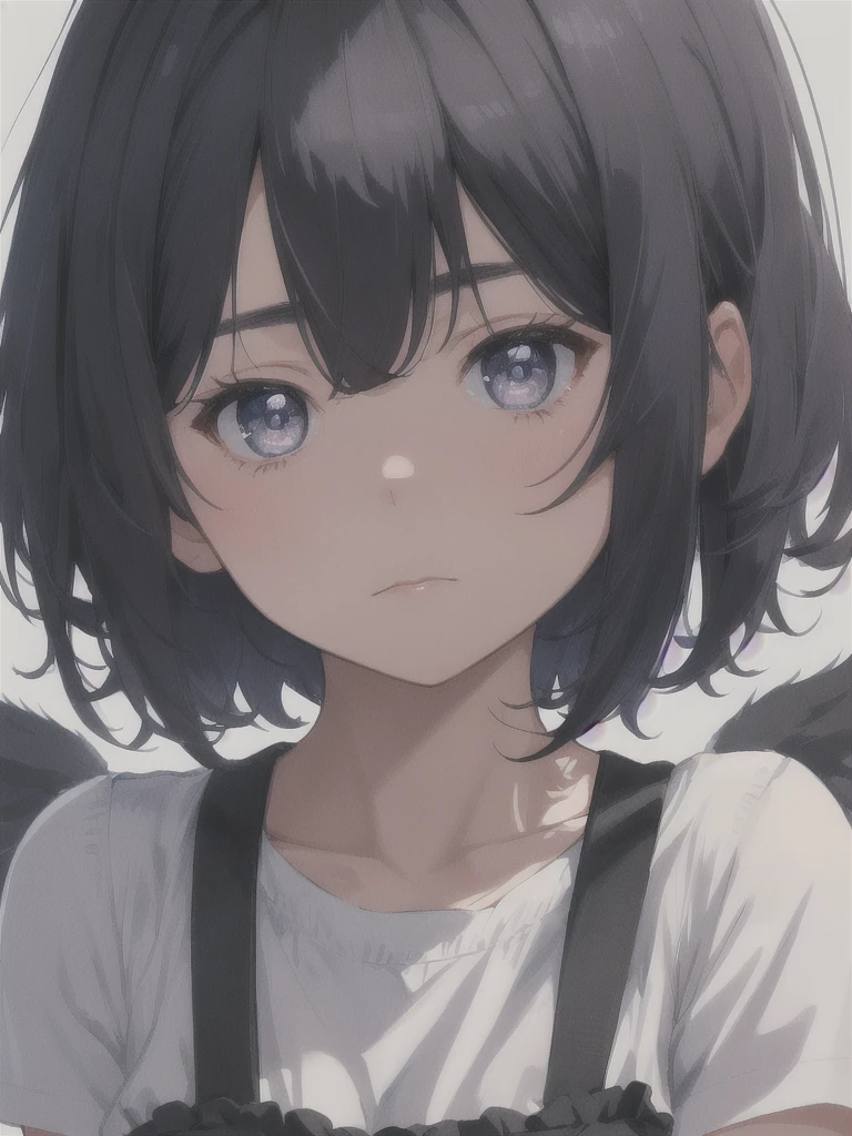 masterpiece, best quality, ultra-detailed, illustration, straight on, emotionless face, female, fluffy short dark blue hair, black eyes, fluffy short hair, wearing a white shirt, a 22 years old girl, blank background, hide hands.