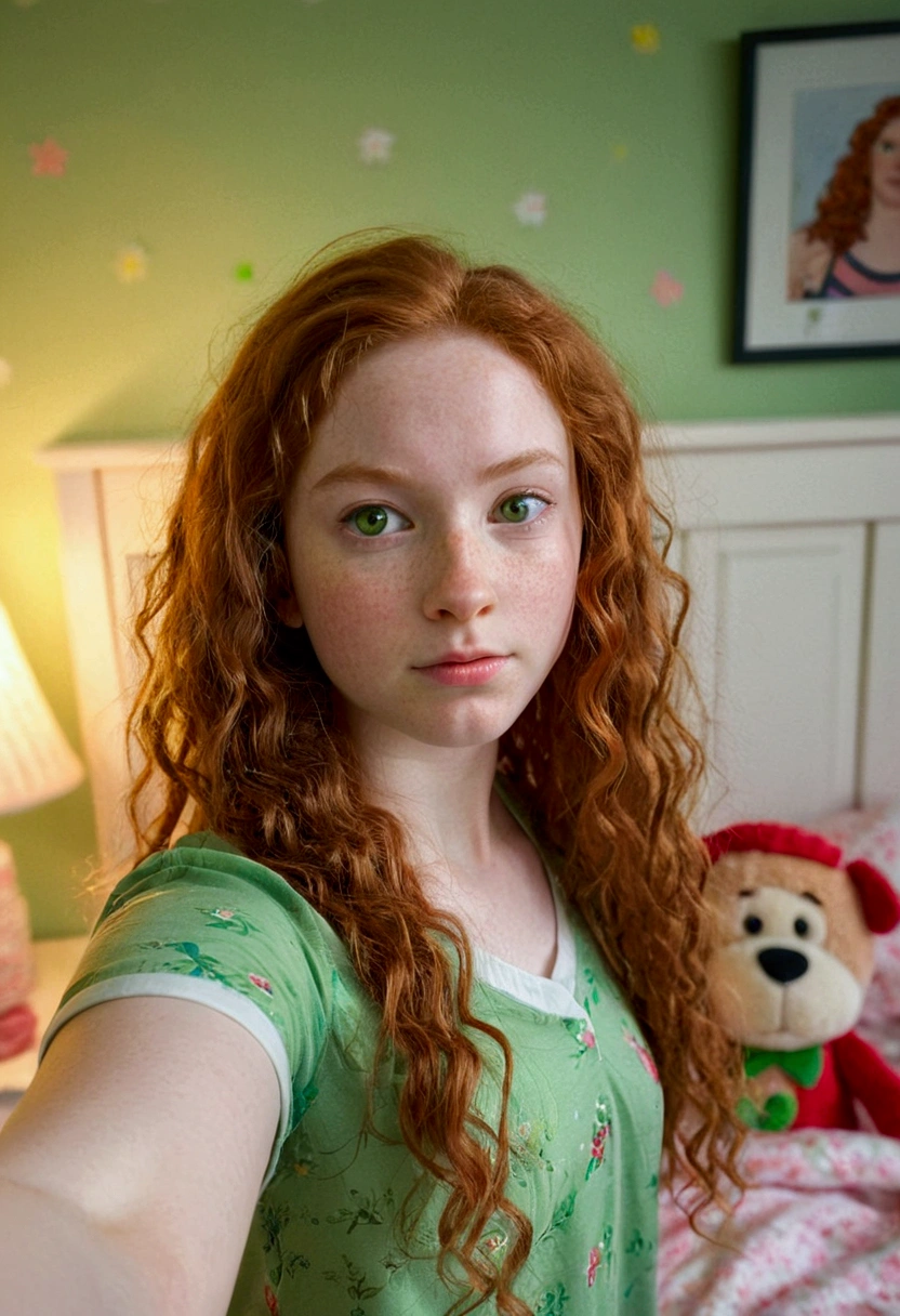 A red-haired girl, 15 years, pale white skin, green eyes, very long curly hair, round face, small upturned nose, Small ears, athletic body, Wide hips, with pajamas, in a bedroom, with children's decorations, taking a selfie, sad smile, upset, hyperrealism, Ray Tracing, NIKON, 16k, best quality, award winning, high details, super detail, textured skin, anatomically correct, masterpiece