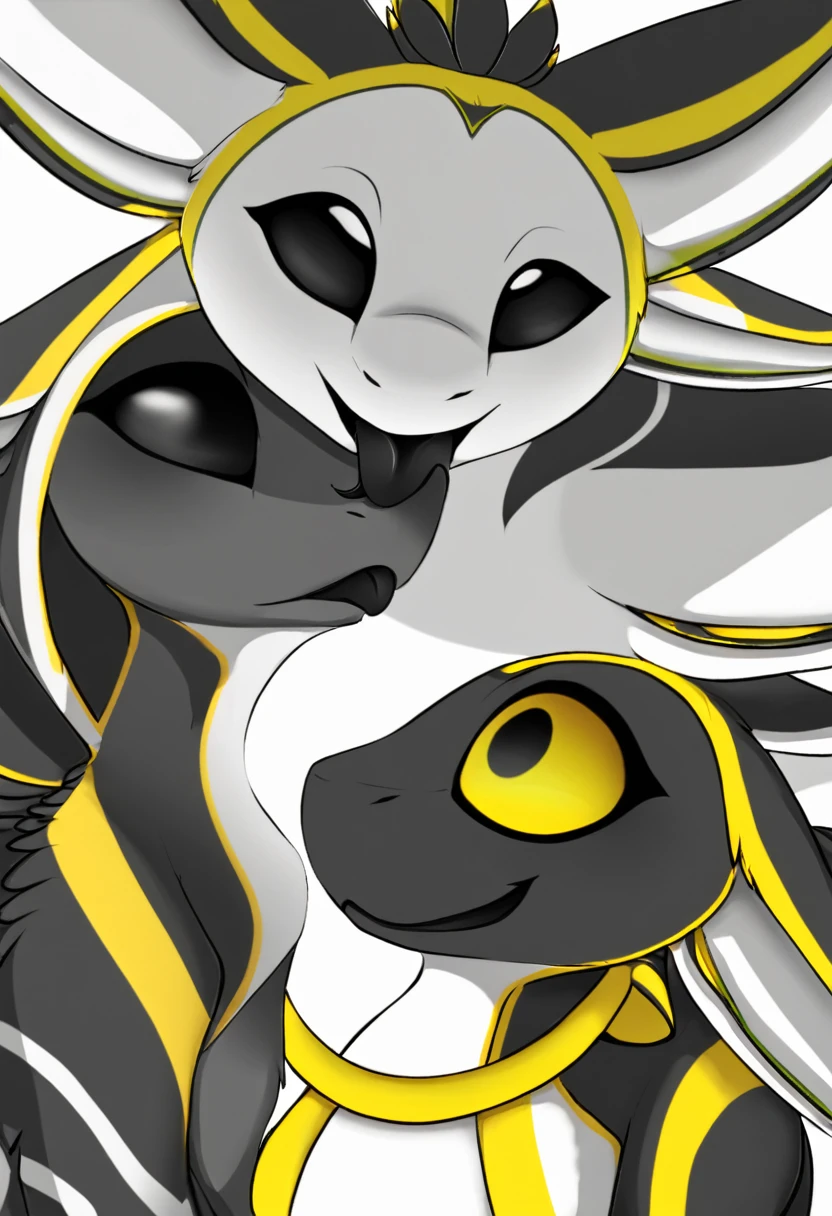Avali with bright black and white plumage and pronounced yellow stripes, who share "territory" black and white, and also with the upper pair of ears raised up and with a black tongue, which is more similar to the thickened tongue of a snake and black eyes with yellow hollow circles in the middle of the eye...