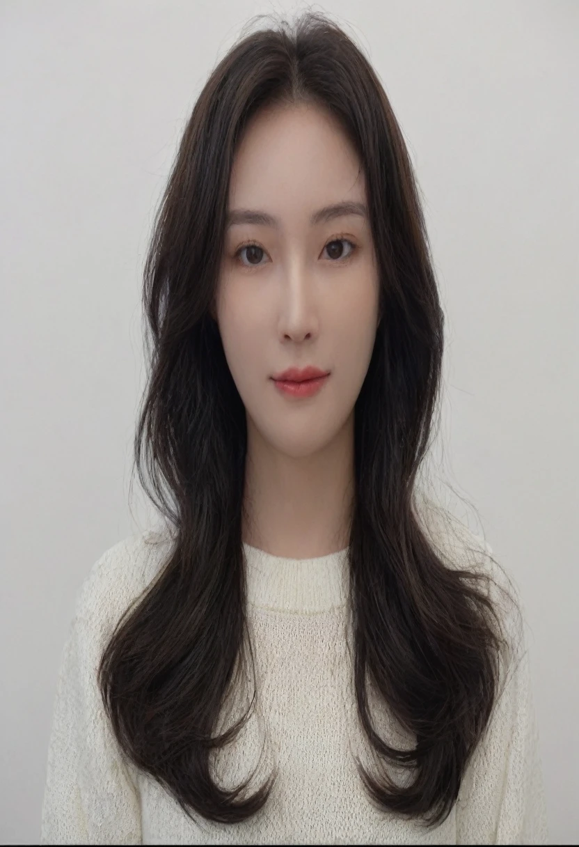 Best Quality, 8k, Masterpiece, (Portrait: 1.3), (photo realistic:1.4), (hyper realistic:1.4), Sharp Focus, looking at viewer, (smoother lighting:1.1), (increase cinematic lighting quality:0.9), realistic lighting, backlighting, light on face, ray trace, (brightening light:1.2), (Increase quality:1.4), sharp detail, (best quality real texture skin:1.4), finely detailed eyes, black_eyes, finely detailed face, 25 year old Korean woman, (white formal_shirt:1.4), (Create an image maintaining the original base model hairstyle:1.5)