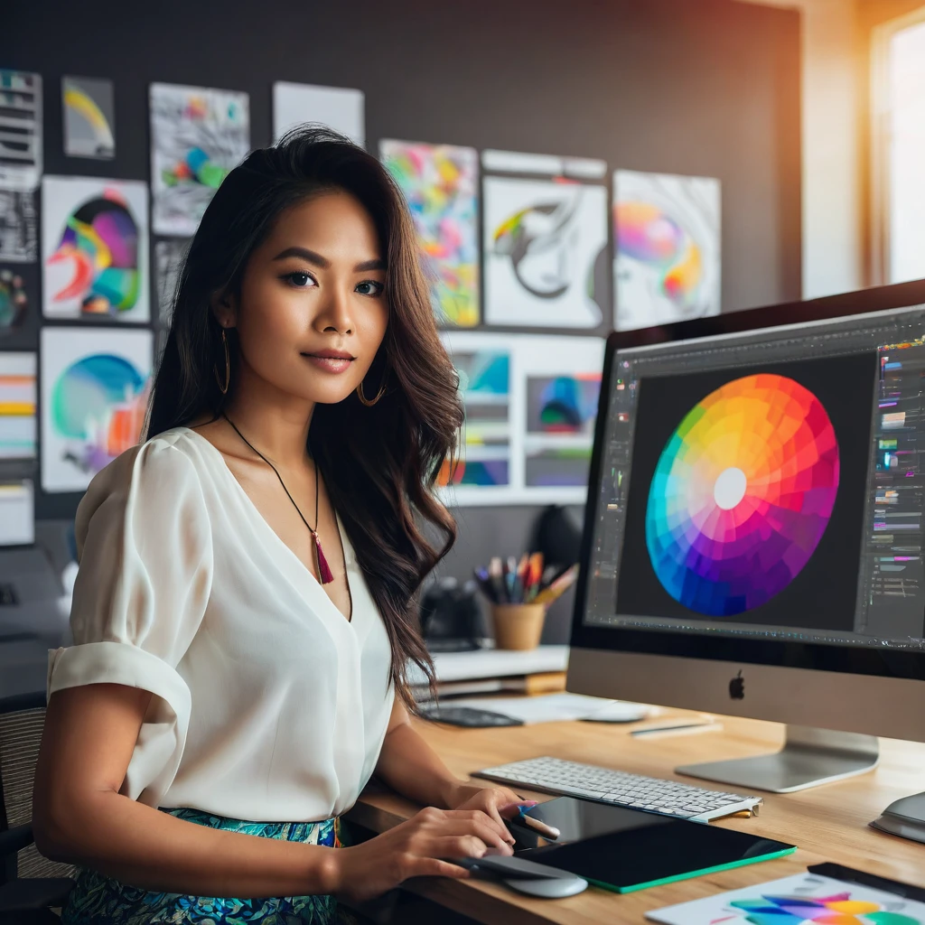 Create an image of a professional Malayan pretty beautiful woman working as a graphic designer in a modern, stylish office. She is seated at a sleek desk with a large, high-resolution monitor displaying vibrant, creative design work. The workspace is filled with design tools like a drawing tablet, color palettes, and inspirational posters on the wall. She is focused and confident, dressed in hippie casual professional attire.
