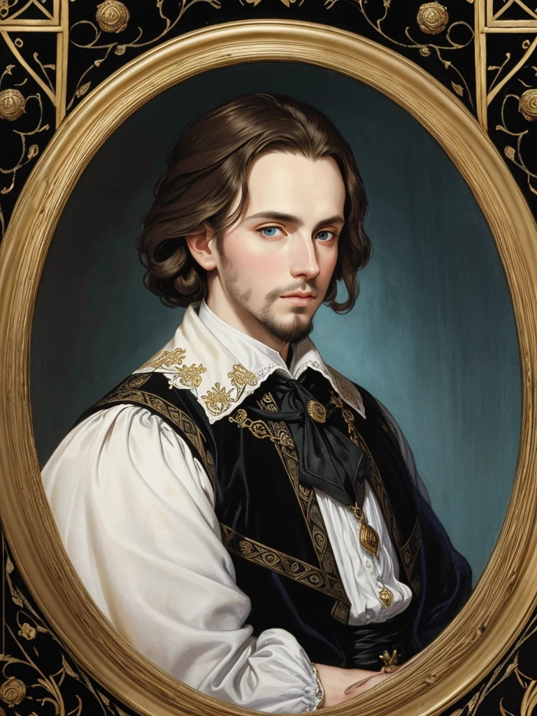 Portrait of Christopher Marlowe, white skin, piercing icy blue eyes, silky golden-brown hair, refined features, charp jawline, clean shaved, black Elizabethan era velvet jerkin, Shakespearen black velvet doublet, embroidered with gold, white laced shirt, Art Nouveau style, Mucha style, Mucha background, realism, high quality
