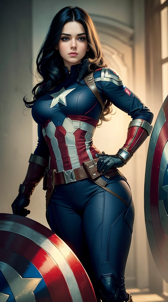 ((Best quality)) , ((Masterpiece)) , (Detailed) ,( Captain America Lady) , perfect body shape, big , black hair, beautiful face, focous on face details, wearing captain America uniform, logo of hydra in the background