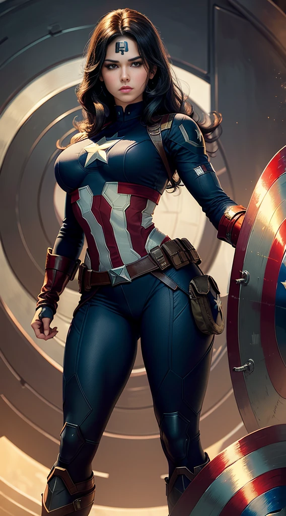 ((Best quality)) , ((Masterpiece)) , (Detailed) ,( Captain America Lady) , perfect body shape, big , black hair, beautiful face, focous on face details, wearing captain America uniform, logo of hydra in the background