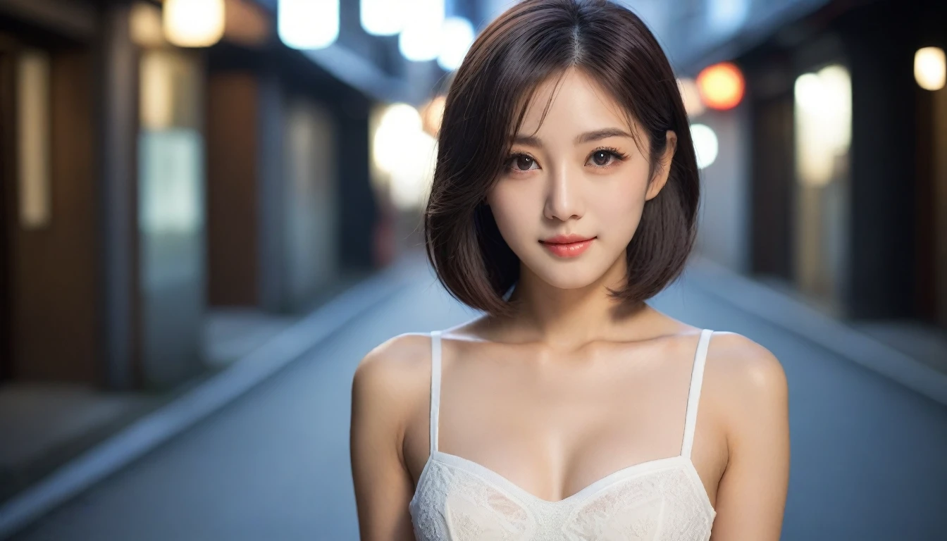 8k, Ultra-high resolution, Highest quality, masterpiece, 三分割法によるphotograph,Surreal, photograph, 1 Girl, (16 years old:1.3), pretty girl, Cute Face, Beautiful eyes in every detail, 細かくdetailedに,masterpiece,One Girl:1.2, Japan Female Announcer,extream close up,light smile,Black Hair,Wavy bob,Night view,bustling street,Prostitute,Flashy clothing,Slutty Makeup,Realistic Skin, Perfect and beautiful face ,完璧でCute Face, Skin with attention to detail, Perfect limbs、Narrow waist、Thin legs),Looking at the audience、beauty,Long neck、(((Ideal body type))),A cup small breasts :2,Portraiture:2,Perfect Anatomy,鮮明なdetailed,detailed,Surreal,Light and shadow,glowing
