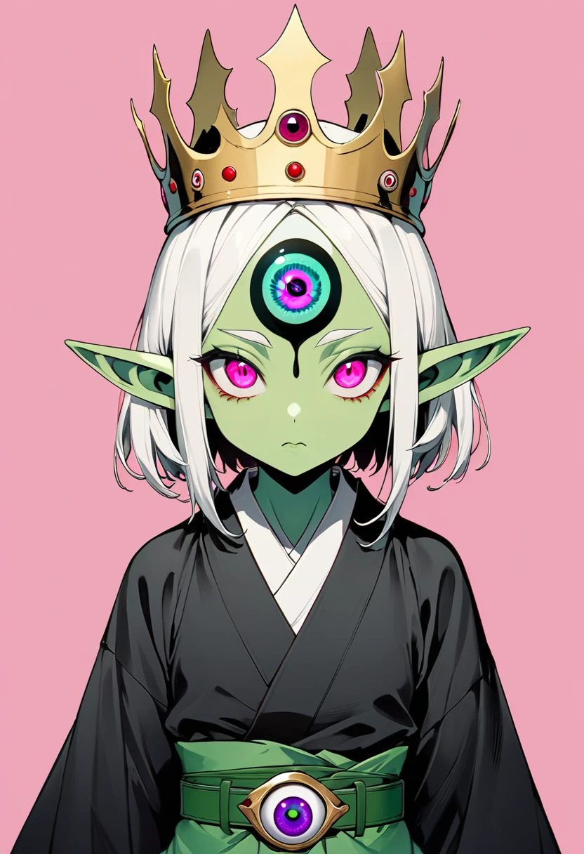 Japanese Anime,Second Dimension,Horror style,horror character,(((Three-eyed boy,独奏,third eye on the forehead,Dark eyeshadow,White short hair,Elf ears,Green Skin,Exaggerated golden crown-eyeball decoration))),(((Japanese clothing))).(((Thin waist,Green belt:1.6))).Pure pink background