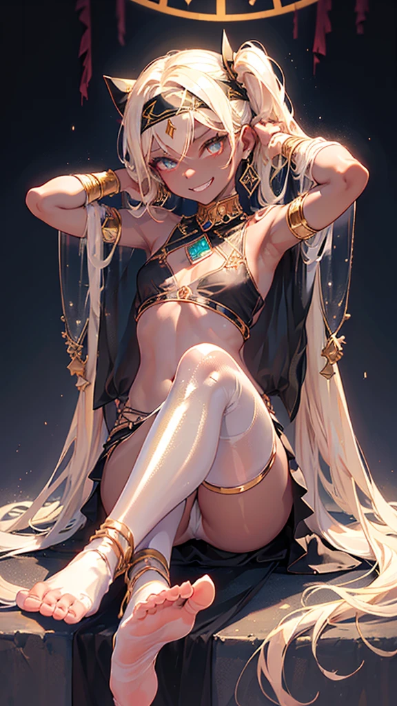 1girl, Angle from below:1.8, The girl bends forward to show off her breasts、legs apart, (Blade), (Tanned shiny black skin:1.6)、Glowing Eyes, ((Sexy evil grin)), ( girl), blondes、Twin tails、forehead、Small breasts, hat, ((((arabian clothes, see-through)), (headband), (Areola Slip), small breasts, (jewelry)))、desert, ((sahara))、foot, ((foot))、(Put your hands behind your head)、arm pits, (Ass), (sitting)、front, have a dagger、((footjob)), 足の裏、