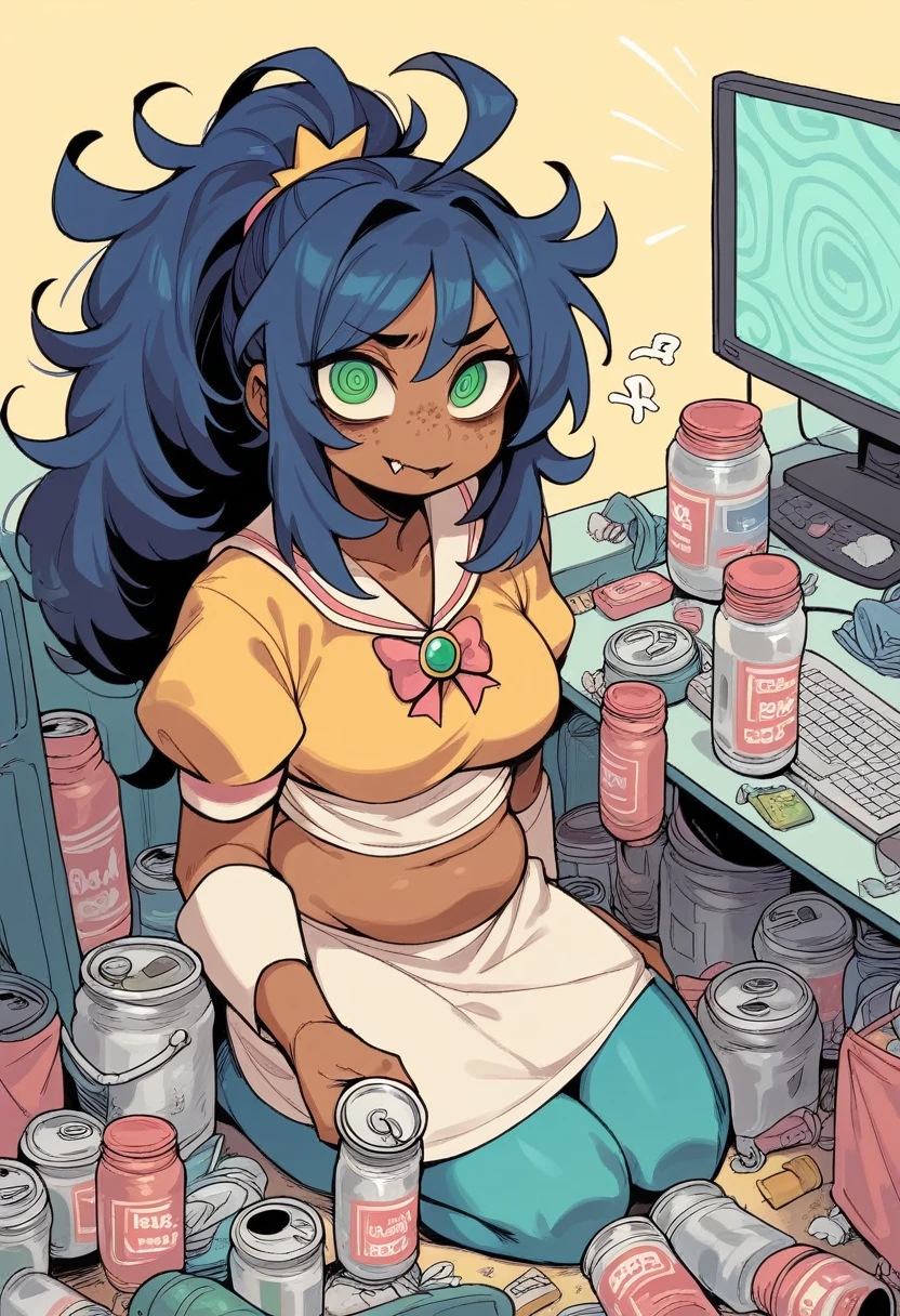 best quality, perfect anatomy, solo, 1girl, green eyes, @_@, bags_under_eyes, skin fang, dark blue hair, brown skin, long hair, messy hair, parted bangs, long sidelocks, ponytail, freckles, ahoge, medium breasts, plump, absurdres, neet, computer_trash, cans, bottles, dark, livestream, LOOKING AT VIEWER, cosplay, magical girl, psychedelic