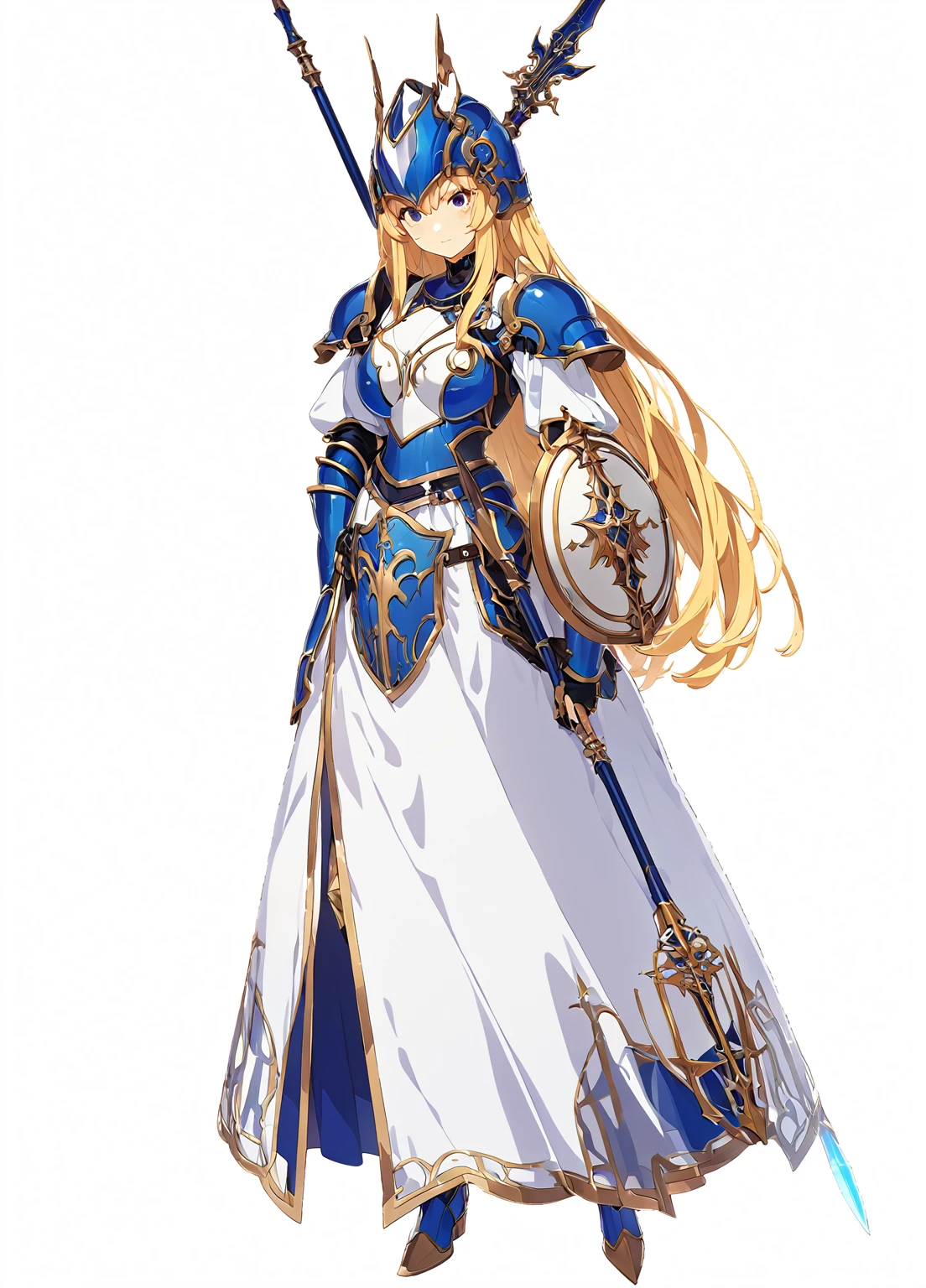 high quality, high resolution, high qualityのゲームアートスタイル, whole body,Valkyrie,perfect hand,Official Art, Smooth game CG art, Visual Novel Sprites, White background,Smooth game CG art, (((Woman with a long spear))),Woman wearing a white dress and blue armor, An intricately designed helmet with white feathers,Small shield, (((In his right hand he holds an elaborate long spear))),Exquisite Blue Armor,Golden Hair, long hair, female knight, Rin々Shii,Large Bust,20-year-old,