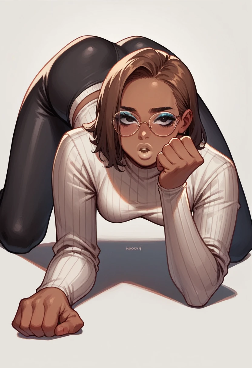 Beautiful woman with short straight brown hair with black eyes wearing a Black Gym Tight Leggings, a Grey Sexy Criss Cross Mock Neck Mid Sleeves Blouse, (ebony skin), (light brown lipstick) ,( makeup:1.5) , ( Doggystyle Pose:1.5) ,gagball , cool glasses
