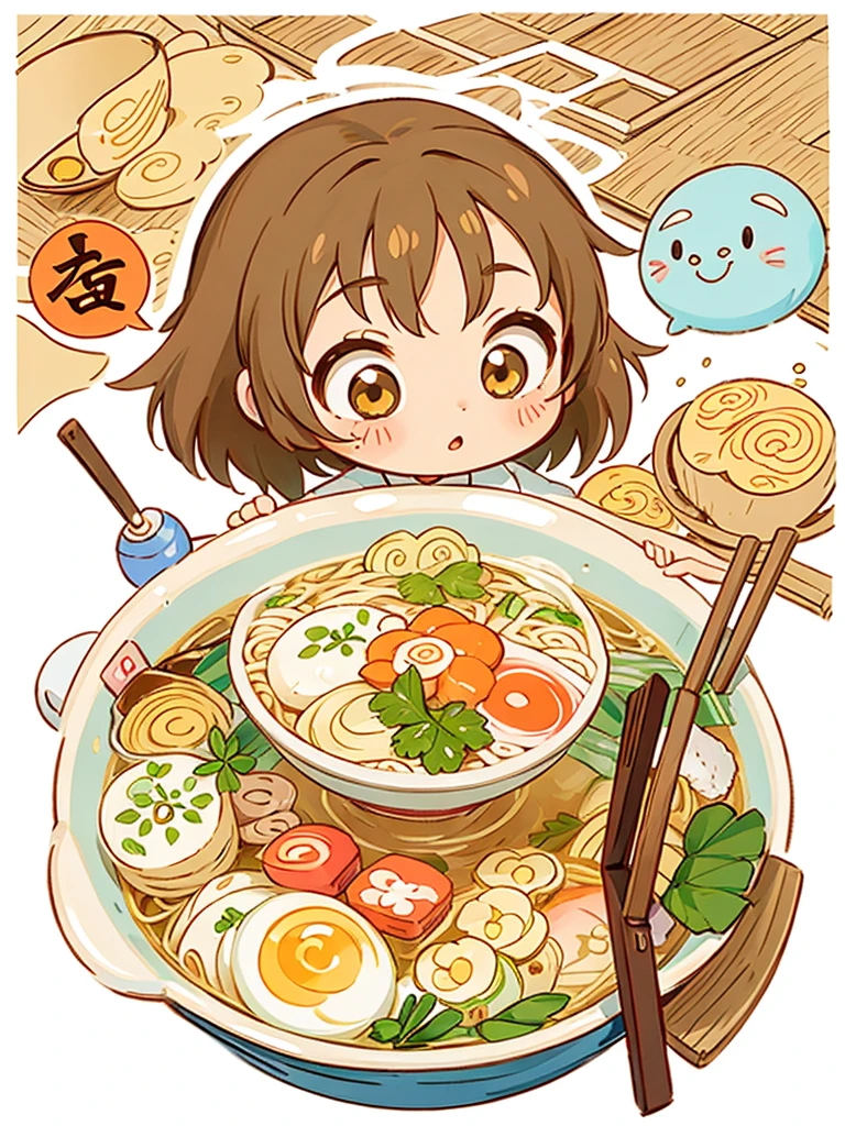 hayao miyazaki style, Kawaii Design, The most beautiful girl of all time、chibi, (((ラーメン)))