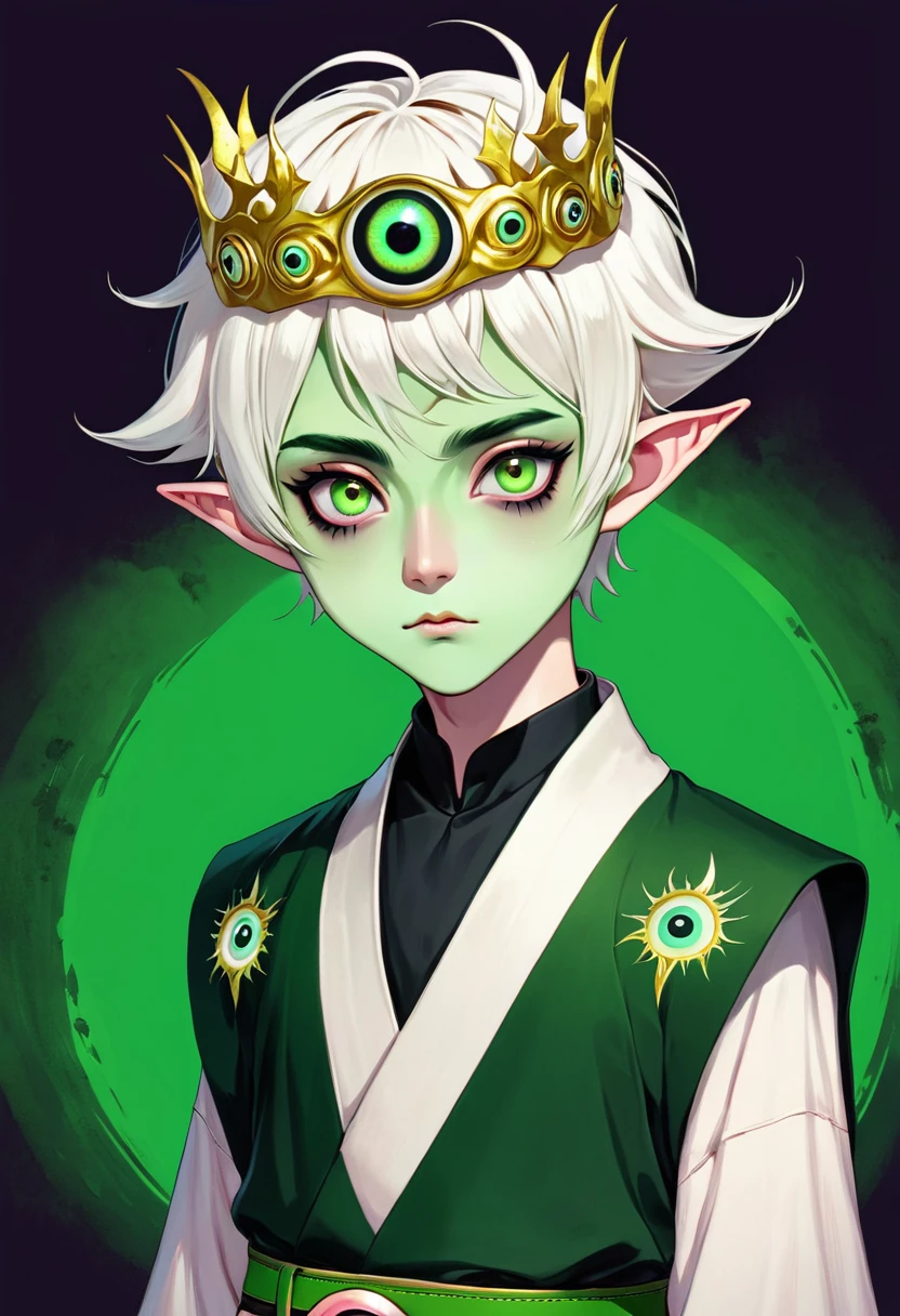 Japanese Anime，Second Dimension，Horror style，horror character，(((Three-eyed boy，独奏，third eye on the forehead，Dark eyeshadow，White short hair，Elf ears，Green Skin，Exaggerated golden crown-eyeball decoration))),(((Japanese clothing))).(((Thin waist，Green belt：1.6))).Pure pink background