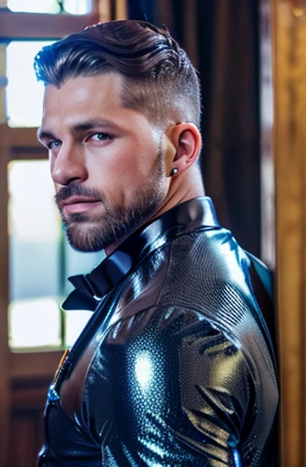 gay prince  wearing shiny black wedding suit and shiny shirt, goaty beard, intricate details, detailed background, depth of field, muscular, photo of a handsome man, l4tex4rmor,
