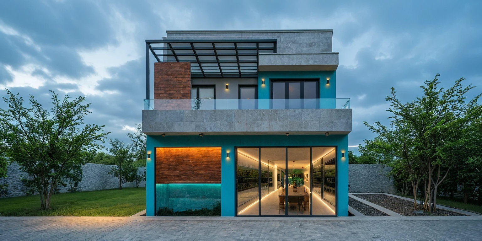 2-storey minimalist townhouse, blue cloudy morning light, brightly painted walls, natural stone walls as accents. see furniture, interior lights turn on. there are people walking around. green trees around the house. surreal expression. Modern architecture