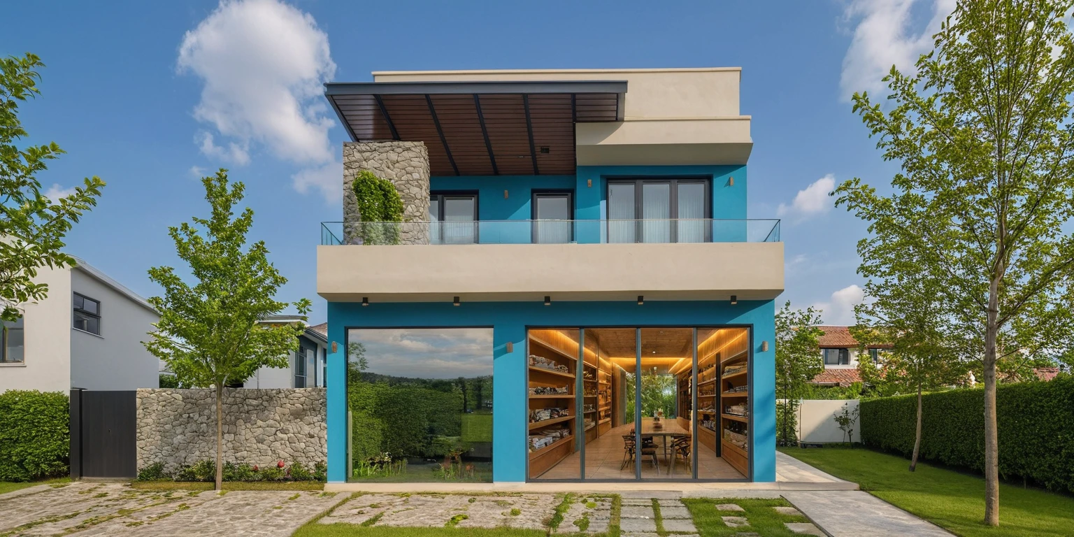 2-storey minimalist townhouse, blue cloudy morning light, brightly painted walls, natural stone walls as accents. see furniture, interior lights turn on. there are people walking around. green trees around the house. surreal expression. Modern architecture