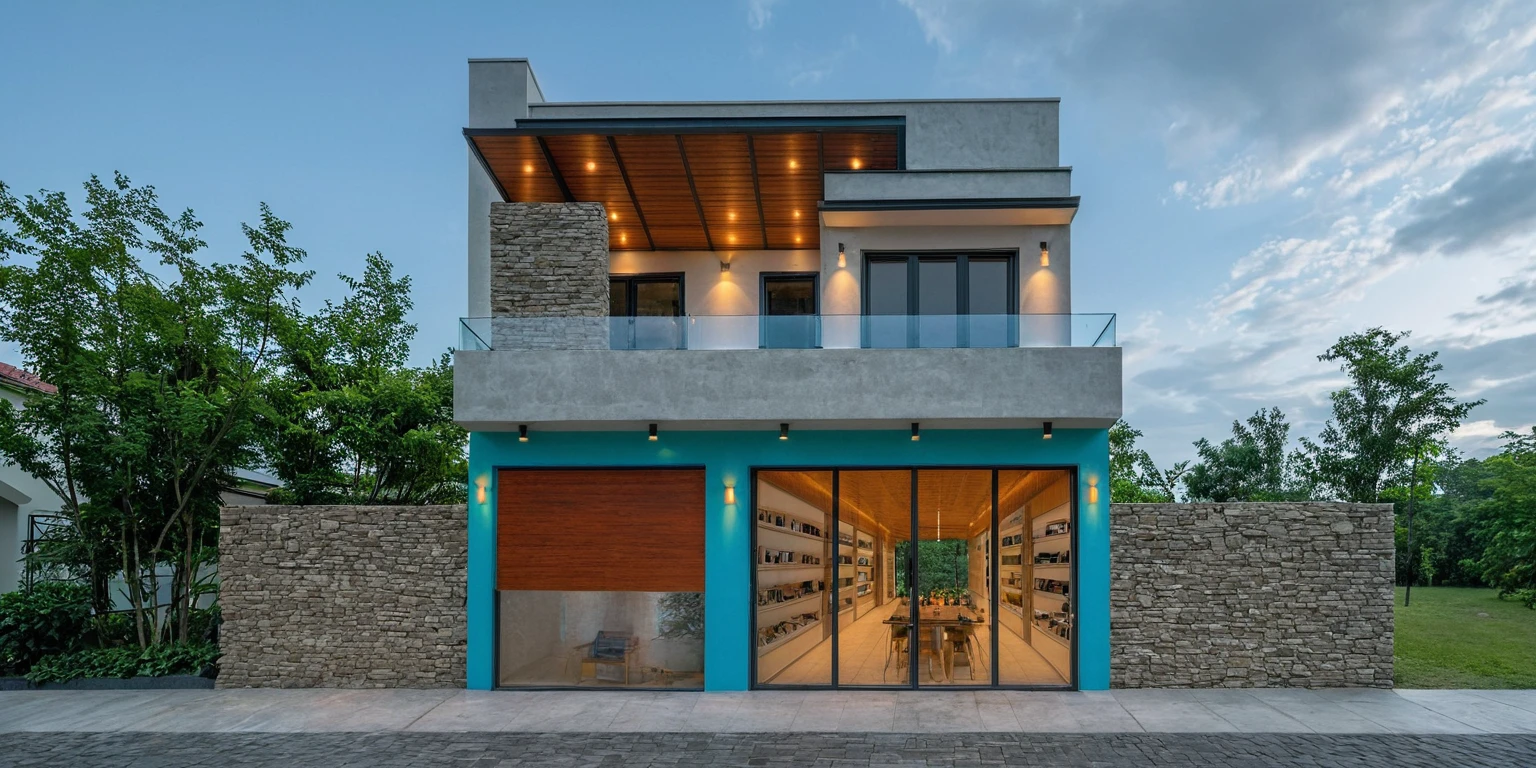 2-storey minimalist townhouse, blue cloudy morning light, brightly painted walls, natural stone walls as accents. see furniture, interior lights turn on. there are people walking around. green trees around the house. surreal expression. Modern architecture