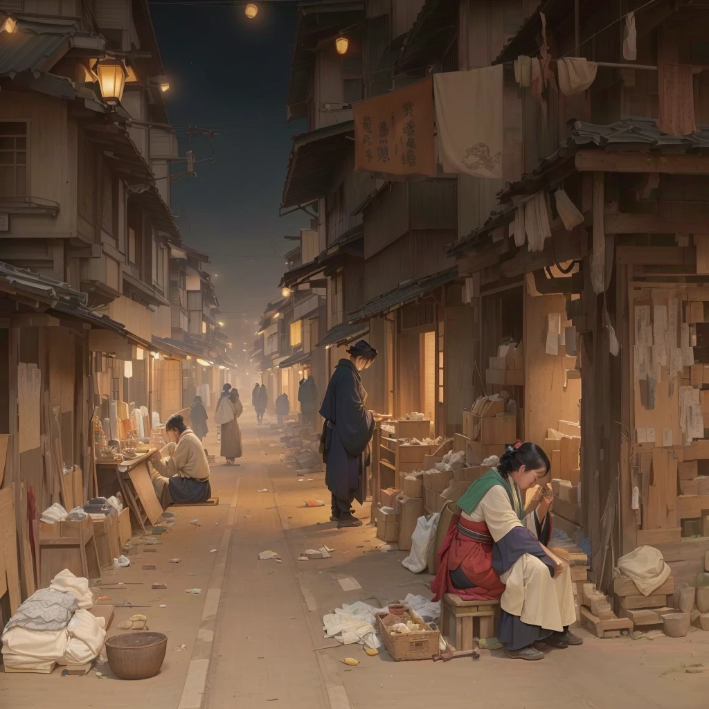 Person sitting on wooden floor々Group painting, by Kamisaka Sekka, Tokyo Anime Scene, Xin Haicheng, Inspired by Kano Naizen, Inspired by Carl Spitzweg, Traditional Japanese concept art, By Chen Jill, Old Japanese street market, inspired by Tōshi Yoshida, Night Scene Blazing Flames, fire, crowd, throng, freezing, mother warming her baby.Scenery and Cityscape in the Early Meiji Era After the Meiji Restoration, Japan underwent rapid modernization and civilization. Consequently, many changes and reforms occurred. Below is a detailed explanation of the scenery, appearance of the poor, occupations, and cityscapes in the early Meiji period (1868 to the early 1880s). 2. Appearance of the Poor Life for the impoverished and lower classes remained harsh. In particular, in urban areas, people migrated from rural areas or unemployed artisans gathered, intensifying competition in the labor market. Many of them struggled with poverty, often residing in slums or around temples. 3. Occupations Meiji early Japan witnessed a diversification of occupations. Traditional agriculture and handicrafts were accompanied by the rise of modern industry and commerce. Particularly in urban areas, factory workers, shop clerks, and transporters increased, giving rise to new professions. However, many in these occupations endured harsh working conditions. 4. Influence of Civilization and Enlightenment During the Meiji era, Western cultural influences spread rapidly. Changes in clothing, dietary habits, and the proliferation of Western-style architecture advanced, especially in urban areas. Conversely, this development posed a threat to traditional culture and lifestyles, resulting in societal upheaval and adaptation challenges. 5. Social Change and Policy Influence While promoting modernization policies, the government also addressed poverty and social issues. Legislation for labor protection and charitable activities to aid the poor were implemented. Nevertheless, living conditions for the impoverished scarcely improved. The early Meiji period marked a rapid transformation in Japan, with c