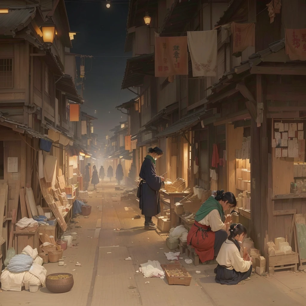 Person sitting on wooden floor々Group painting, by Kamisaka Sekka, Tokyo Anime Scene, Xin Haicheng, Inspired by Kano Naizen, Inspired by Carl Spitzweg, Traditional Japanese concept art, By Chen Jill, Old Japanese street market, inspired by Tōshi Yoshida, Night Scene Blazing Flames, fire, crowd, throng, freezing, mother warming her baby.Scenery and Cityscape in the Early Meiji Era After the Meiji Restoration, Japan underwent rapid modernization and civilization. Consequently, many changes and reforms occurred. Below is a detailed explanation of the scenery, appearance of the poor, occupations, and cityscapes in the early Meiji period (1868 to the early 1880s). 2. Appearance of the Poor Life for the impoverished and lower classes remained harsh. In particular, in urban areas, people migrated from rural areas or unemployed artisans gathered, intensifying competition in the labor market. Many of them struggled with poverty, often residing in slums or around temples. 3. Occupations Meiji early Japan witnessed a diversification of occupations. Traditional agriculture and handicrafts were accompanied by the rise of modern industry and commerce. Particularly in urban areas, factory workers, shop clerks, and transporters increased, giving rise to new professions. However, many in these occupations endured harsh working conditions. 4. Influence of Civilization and Enlightenment During the Meiji era, Western cultural influences spread rapidly. Changes in clothing, dietary habits, and the proliferation of Western-style architecture advanced, especially in urban areas. Conversely, this development posed a threat to traditional culture and lifestyles, resulting in societal upheaval and adaptation challenges. 5. Social Change and Policy Influence While promoting modernization policies, the government also addressed poverty and social issues. Legislation for labor protection and charitable activities to aid the poor were implemented. Nevertheless, living conditions for the impoverished scarcely improved. The early Meiji period marked a rapid transformation in Japan, with c