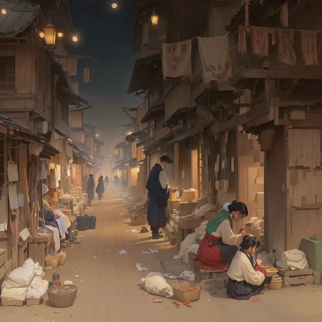 Person sitting on wooden floor々Group painting, by Kamisaka Sekka, Tokyo Anime Scene, Xin Haicheng, Inspired by Kano Naizen, Inspired by Carl Spitzweg, Traditional Japanese concept art, By Chen Jill, Old Japanese street market, inspired by Tōshi Yoshida, Night Scene Blazing Flames, fire, crowd, throng, freezing, mother warming her .Scenery and Cityscape in the Early Meiji Era After the Meiji Restoration, Japan underwent rapid modernization and civilization. Consequently, many changes and reforms occurred. Below is a detailed explanation of the scenery, appearance of the poor, occupations, and cityscapes in the early Meiji period (1868 to the early 1880s). 2. Appearance of the Poor Life for the impoverished and lower classes remained harsh. In particular, in urban areas, people migrated from rural areas or unemployed artisans gathered, intensifying competition in the labor market. Many of them struggled with poverty, often residing in slums or around temples. 3. Occupations Meiji early Japan witnessed a diversification of occupations. Traditional agriculture and handicrafts were accompanied by the rise of modern industry and commerce. Particularly in urban areas, factory workers, shop clerks, and transporters increased, giving rise to new professions. However, many in these occupations endured harsh working conditions. 4. Influence of Civilization and Enlightenment During the Meiji era, Western cultural influences spread rapidly. Changes in clothing, dietary habits, and the proliferation of Western-style architecture advanced, especially in urban areas. Conversely, this development posed a threat to traditional culture and lifestyles, resulting in societal upheaval and adaptation challenges. 5. Social Change and Policy Influence While promoting modernization policies, the government also addressed poverty and social issues. Legislation for labor protection and charitable activities to aid the poor were implemented. Nevertheless, living conditions for the impoverished scarcely improved. The early Meiji period marked a rapid transformation in Japan, with c