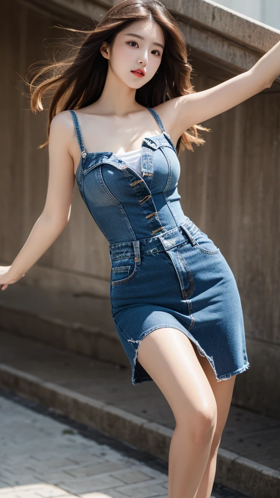 masterpiece, Highest quality, 1 girl, Brunette Hair, Exposing shoulders, Long Hair, dress, Denim Shot, Dynamic pose, Dynamic Angle,