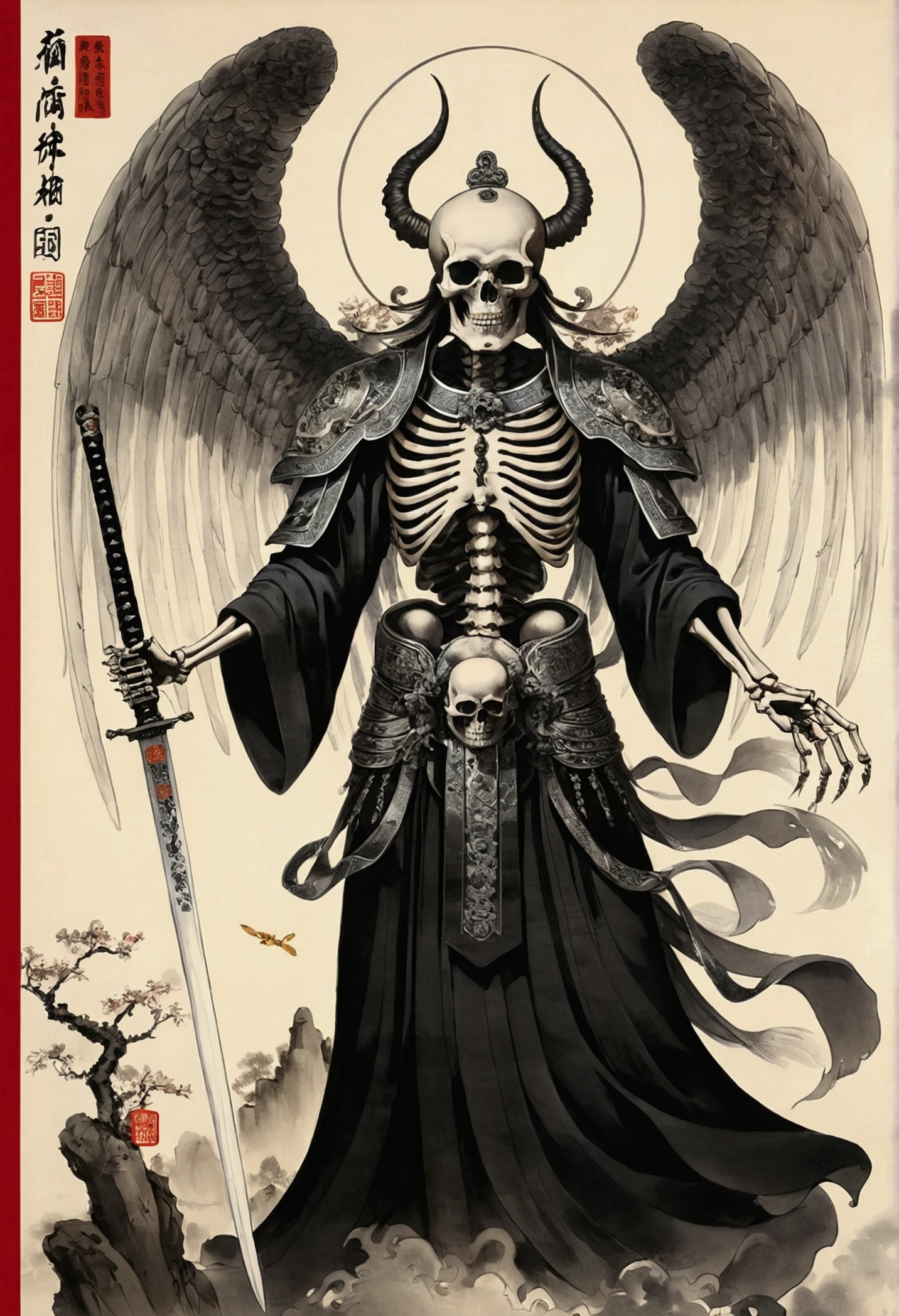 (masterpiece, best quality: 1.2), traditional Chinese ink painting , god of death , skeleton , angel wings , sword in right hand , regal , facing east