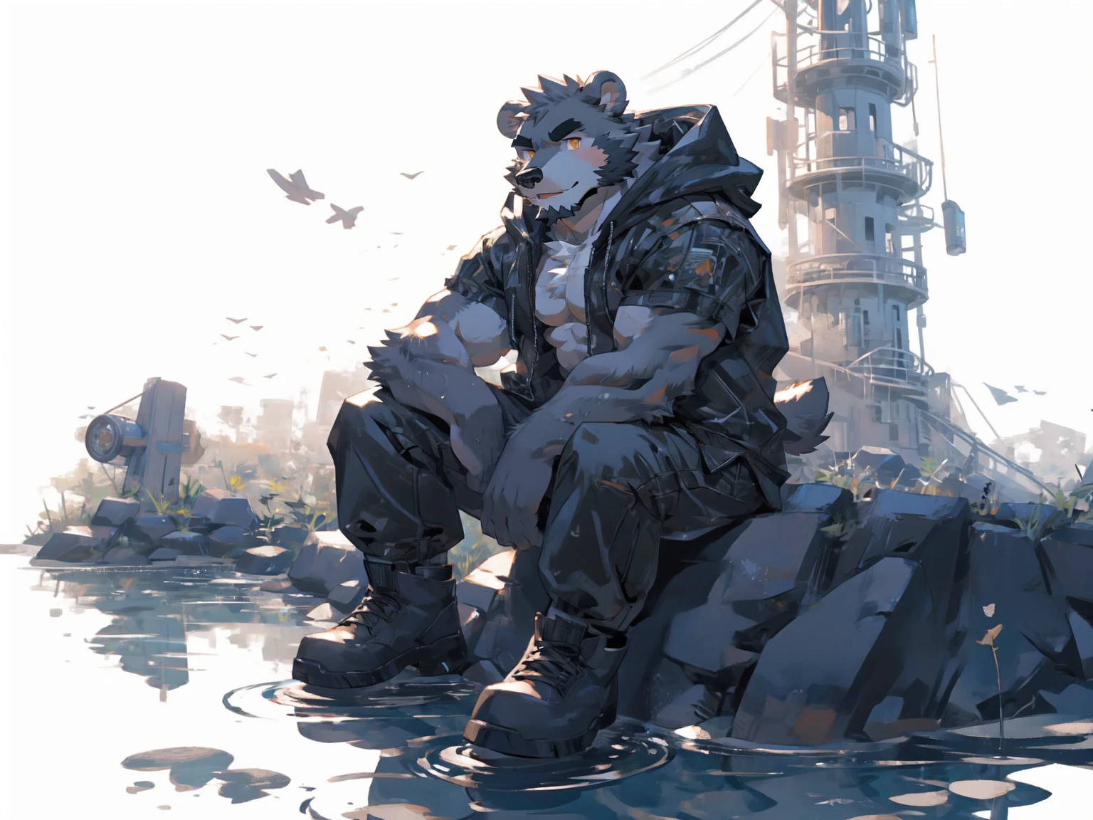 (masterpiece:1.2), best quality,pixiv,official art,perfect anatomy, (Ray tracing, light),solo, (1_male:1.3) , (muscle), (grey fur:1.4), (muscle bear), (beard:1.2), (gleaming golden eyes), bear tail, full body, Thick black eyebrows, (open short hoodie), (naked inside),Ripped short jeans, black short boots, (pure white background: 1.3), (on the water surface:1.3), (Salar de Uyuni:1.3), Reflection, reflect sky, wide