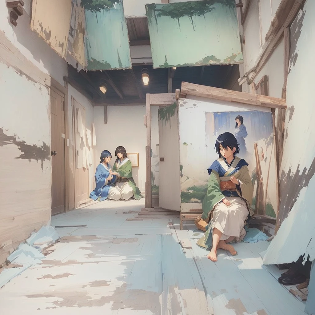 With paintings of women、Sitting in a room with paintings of men and women, by Kamisaka Sekka, by Rei Kamoi, in a village, by Kamaguruka, ( ( Makoto Shinkai ) ), by Eizan It&#39;s a gift, in style of Makoto Shinkai, Okada YoneyamatoBlazing flames, fire, crowd, throng, freezing, mother warming her baby.Scenery and Cityscape in the Early Meiji Era After the Meiji Restoration, Japan underwent rapid modernization and civilization. Consequently, many changes and reforms occurred. Below is a detailed explanation of the scenery, appearance of the poor, occupations, and cityscapes in the early Meiji period (1868 to the early 1880s). 2. Appearance of the Poor Life for the impoverished and lower classes remained harsh. In particular, in urban areas, people migrated from rural areas or unemployed artisans gathered, intensifying competition in the labor market. Many of them struggled with poverty, often residing in slums or around temples. 3. Occupations Meiji early Japan witnessed a diversification of occupations. Traditional agriculture and handicrafts were accompanied by the rise of modern industry and commerce. Particularly in urban areas, factory workers, shop clerks, and transporters increased, giving rise to new professions. However, many in these occupations endured harsh working conditions. 4. Influence of Civilization and Enlightenment During the Meiji era, Western cultural influences spread rapidly. Changes in clothing, dietary habits, and the proliferation of Western-style architecture advanced, especially in urban areas. Conversely, this development posed a threat to traditional culture and lifestyles, resulting in societal upheaval and adaptation challenges. 5. Social Change and Policy Influence While promoting modernization policies, the government also addressed poverty and social issues. Legislation for labor protection and charitable activities to aid the poor were implemented. Nevertheless, living conditions for the impoverished scarcely improved. The early Meiji period marked a rapid transformation in Japan, with complex social landscapes involving