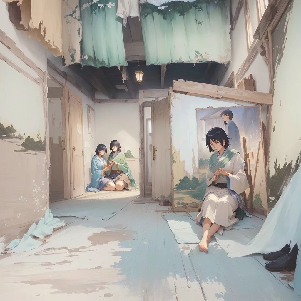 With paintings of women、Sitting in a room with paintings of men and women, by Kamisaka Sekka, by Rei Kamoi, in a village, by Kamaguruka, ( ( Makoto Shinkai ) ), by Eizan It's a gift, in style of Makoto Shinkai, Okada YoneyamatoBlazing flames, fire, crowd, throng, freezing, mother warming her baby.Scenery and Cityscape in the Early Meiji Era After the Meiji Restoration, Japan underwent rapid modernization and civilization. Consequently, many changes and reforms occurred. Below is a detailed explanation of the scenery, appearance of the poor, occupations, and cityscapes in the early Meiji period (1868 to the early 1880s). 2. Appearance of the Poor Life for the impoverished and lower classes remained harsh. In particular, in urban areas, people migrated from rural areas or unemployed artisans gathered, intensifying competition in the labor market. Many of them struggled with poverty, often residing in slums or around temples. 3. Occupations Meiji early Japan witnessed a diversification of occupations. Traditional agriculture and handicrafts were accompanied by the rise of modern industry and commerce. Particularly in urban areas, factory workers, shop clerks, and transporters increased, giving rise to new professions. However, many in these occupations endured harsh working conditions. 4. Influence of Civilization and Enlightenment During the Meiji era, Western cultural influences spread rapidly. Changes in clothing, dietary habits, and the proliferation of Western-style architecture advanced, especially in urban areas. Conversely, this development posed a threat to traditional culture and lifestyles, resulting in societal upheaval and adaptation challenges. 5. Social Change and Policy Influence While promoting modernization policies, the government also addressed poverty and social issues. Legislation for labor protection and charitable activities to aid the poor were implemented. Nevertheless, living conditions for the impoverished scarcely improved. The early Meiji period marked a rapid transformation in Japan, with complex social landscapes involving