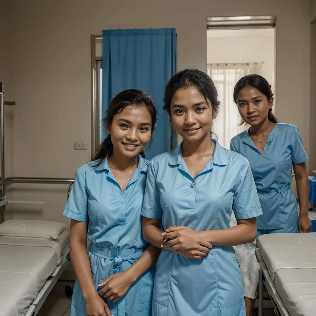 Smiling 4 Indonesian children and 1 medical staff in light blue female medical uniforms. photo. Realistic. masterpiece. Ultra 4k image. super detail. Hospital room. Towards a golden Indonesia