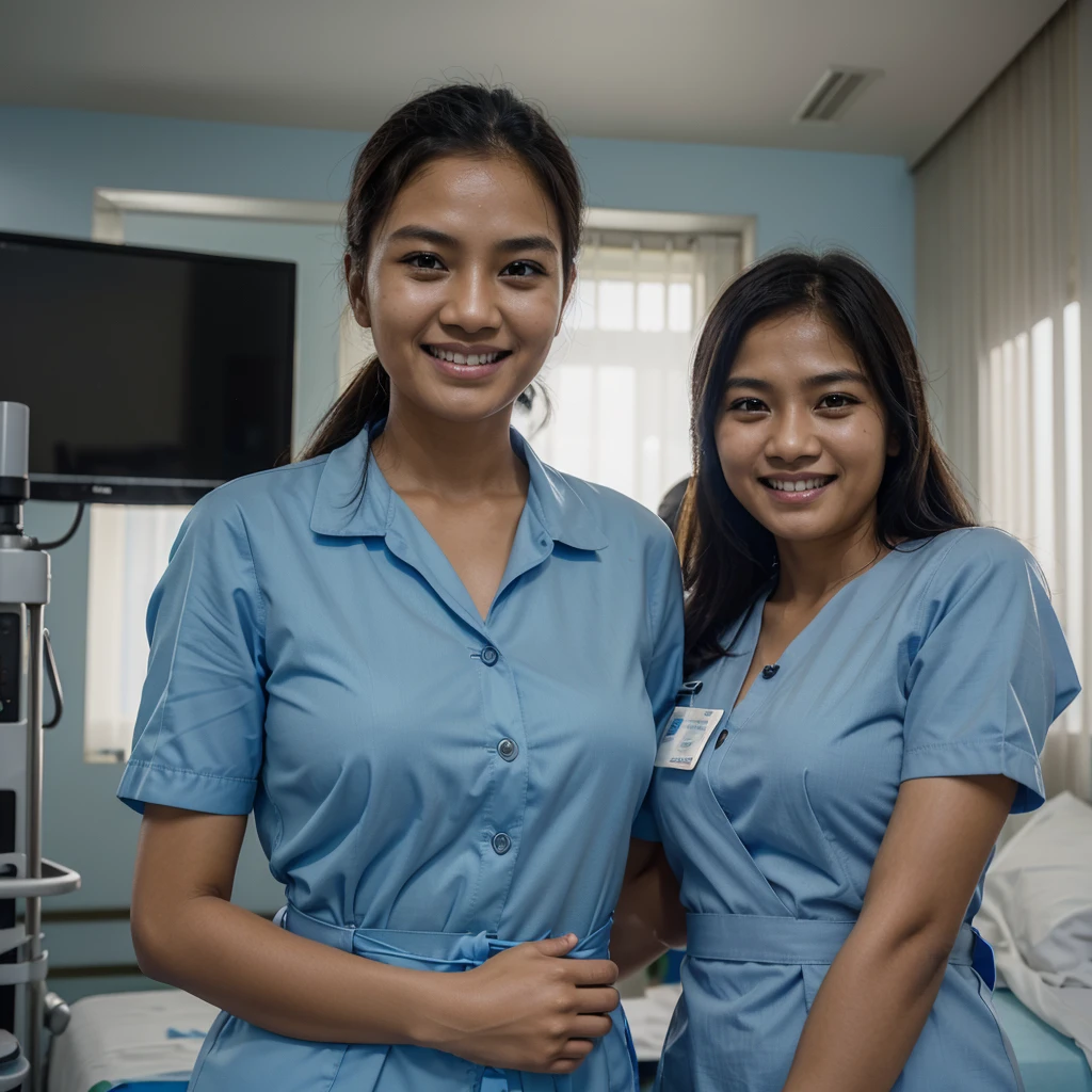 Smiling 4 Indonesian children and 1 medical staff in light blue female medical uniforms. photo. Realistic. masterpiece. Ultra 4k image. super detail. Hospital room. Towards a golden Indonesia