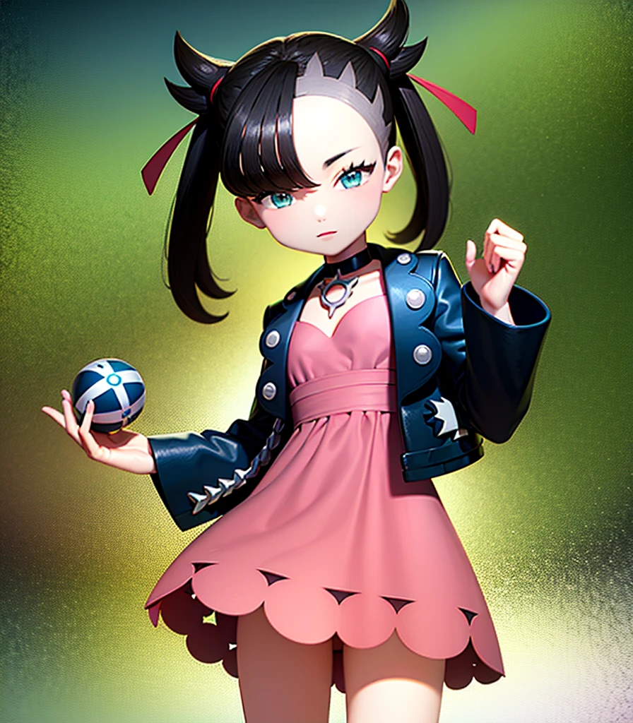 masterpiece, Highest quality, High resolution, Marnie, Aqua Eye, Black choker, Red ribbon, Pink Dress, jewelry, Black jacket, Open clothes, Long sleeve, Cowboy Shot, Are standing, forest, holding Pokéball, Pokéball \(Basic\), smile, Open your mouth,Background is wood々が生い茂るforestです.:1.2,Draw a person in the center of the screen,Depict the top of your head,{{{Perfect hand shape:1.2}}},marnie