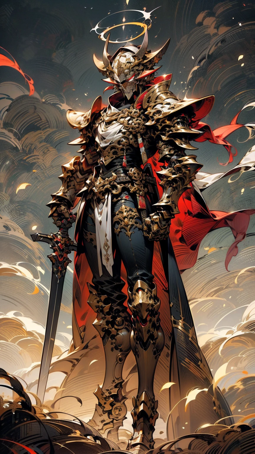 8K quality,(super masterpiece:1.3),Highest quality,Detailed Images,1 male,knight,pocket(Full Face,Two cow horns),armor(Silver Full Armor,Blue decoration),(Wear a red cloak,Red Cape),sword(1本の燃えるswordの柄を右手で持つ),(background:Burning image,sunset,幻想的なsunset,The End,The end of the world,grassland,Takayama,Halo effects),(Whole body image,Standing with your legs apart),(Face directly towards the camera,Looking directly at the viewer,looking at the camera,The body faces the viewer,The body is facing the direction of the camera,Face looking straight into the camera).