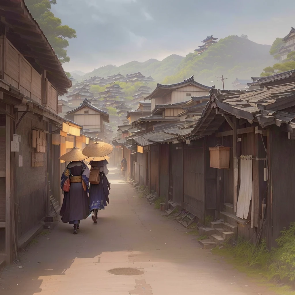 A woman is walking down the street with a basket on her head, Rob Ley and Kentaro Miura style, The ancient street behind her, Old Asian Village, Rob Ley and Kentaro Miura, Rob Ray and Kentaro Miura Style, by Kamisaka Sekka, Japanese Village, Japanese Street, Digital painting concept art Blazing flames, fire, crowd, throng, freezing, mother warming her baby.Scenery and Cityscape in the Early Meiji Era After the Meiji Restoration, Japan underwent rapid modernization and civilization. Consequently, many changes and reforms occurred. Below is a detailed explanation of the scenery, appearance of the poor, occupations, and cityscapes in the early Meiji period (1868 to the early 1880s). 2. Appearance of the Poor Life for the impoverished and lower classes remained harsh. In particular, in urban areas, people migrated from rural areas or unemployed artisans gathered, intensifying competition in the labor market. Many of them struggled with poverty, often residing in slums or around temples. 3. Occupations Meiji early Japan witnessed a diversification of occupations. Traditional agriculture and handicrafts were accompanied by the rise of modern industry and commerce. Particularly in urban areas, factory workers, shop clerks, and transporters increased, giving rise to new professions. However, many in these occupations endured harsh working conditions. 4. Influence of Civilization and Enlightenment During the Meiji era, Western cultural influences spread rapidly. Changes in clothing, dietary habits, and the proliferation of Western-style architecture advanced, especially in urban areas. Conversely, this development posed a threat to traditional culture and lifestyles, resulting in societal upheaval and adaptation challenges. 5. Social Change and Policy Influence While promoting modernization policies, the government also addressed poverty and social issues. Legislation for labor protection and charitable activities to aid the poor were implemented. Nevertheless, living conditions for the impoverished scarcely improved. The early Meiji period marked a rapid transformation in Japan, with complex social landscapes i