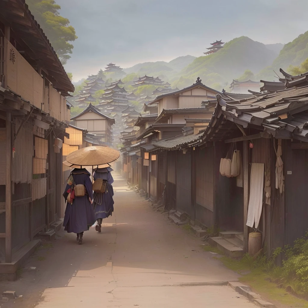 A woman is walking down the street with a basket on her head, Rob Ley and Kentaro Miura style, The ancient street behind her, Old Asian Village, Rob Ley and Kentaro Miura, Rob Ray and Kentaro Miura Style, by Kamisaka Sekka, Japanese Village, Japanese Street, Digital painting concept art Blazing flames, fire, crowd, throng, freezing, mother warming her .Scenery and Cityscape in the Early Meiji Era After the Meiji Restoration, Japan underwent rapid modernization and civilization. Consequently, many changes and reforms occurred. Below is a detailed explanation of the scenery, appearance of the poor, occupations, and cityscapes in the early Meiji period (1868 to the early 1880s). 2. Appearance of the Poor Life for the impoverished and lower classes remained harsh. In particular, in urban areas, people migrated from rural areas or unemployed artisans gathered, intensifying competition in the labor market. Many of them struggled with poverty, often residing in slums or around temples. 3. Occupations Meiji early Japan witnessed a diversification of occupations. Traditional agriculture and handicrafts were accompanied by the rise of modern industry and commerce. Particularly in urban areas, factory workers, shop clerks, and transporters increased, giving rise to new professions. However, many in these occupations endured harsh working conditions. 4. Influence of Civilization and Enlightenment During the Meiji era, Western cultural influences spread rapidly. Changes in clothing, dietary habits, and the proliferation of Western-style architecture advanced, especially in urban areas. Conversely, this development posed a threat to traditional culture and lifestyles, resulting in societal upheaval and adaptation challenges. 5. Social Change and Policy Influence While promoting modernization policies, the government also addressed poverty and social issues. Legislation for labor protection and charitable activities to aid the poor were implemented. Nevertheless, living conditions for the impoverished scarcely improved. The early Meiji period marked a rapid transformation in Japan, with complex social landscapes i