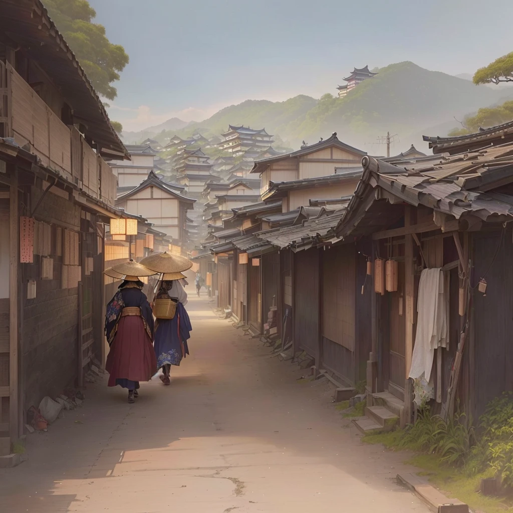 A woman is walking down the street with a basket on her head, Rob Ley and Kentaro Miura style, The ancient street behind her, Old Asian Village, Rob Ley and Kentaro Miura, Rob Ray and Kentaro Miura Style, by Kamisaka Sekka, Japanese Village, Japanese Street, Digital painting concept art Blazing flames, fire, crowd, throng, freezing, mother warming her baby.Scenery and Cityscape in the Early Meiji Era After the Meiji Restoration, Japan underwent rapid modernization and civilization. Consequently, many changes and reforms occurred. Below is a detailed explanation of the scenery, appearance of the poor, occupations, and cityscapes in the early Meiji period (1868 to the early 1880s). 2. Appearance of the Poor Life for the impoverished and lower classes remained harsh. In particular, in urban areas, people migrated from rural areas or unemployed artisans gathered, intensifying competition in the labor market. Many of them struggled with poverty, often residing in slums or around temples. 3. Occupations Meiji early Japan witnessed a diversification of occupations. Traditional agriculture and handicrafts were accompanied by the rise of modern industry and commerce. Particularly in urban areas, factory workers, shop clerks, and transporters increased, giving rise to new professions. However, many in these occupations endured harsh working conditions. 4. Influence of Civilization and Enlightenment During the Meiji era, Western cultural influences spread rapidly. Changes in clothing, dietary habits, and the proliferation of Western-style architecture advanced, especially in urban areas. Conversely, this development posed a threat to traditional culture and lifestyles, resulting in societal upheaval and adaptation challenges. 5. Social Change and Policy Influence While promoting modernization policies, the government also addressed poverty and social issues. Legislation for labor protection and charitable activities to aid the poor were implemented. Nevertheless, living conditions for the impoverished scarcely improved. The early Meiji period marked a rapid transformation in Japan, with complex social landscapes i