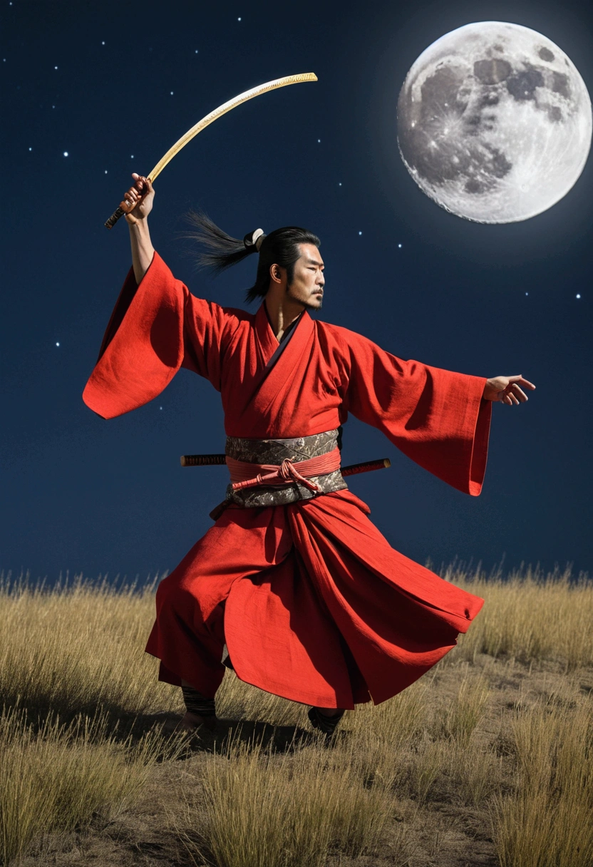 masterpiece, best quality, samurai in red kimono, cloth flowing in the air, moon, boreal steppe, sfw