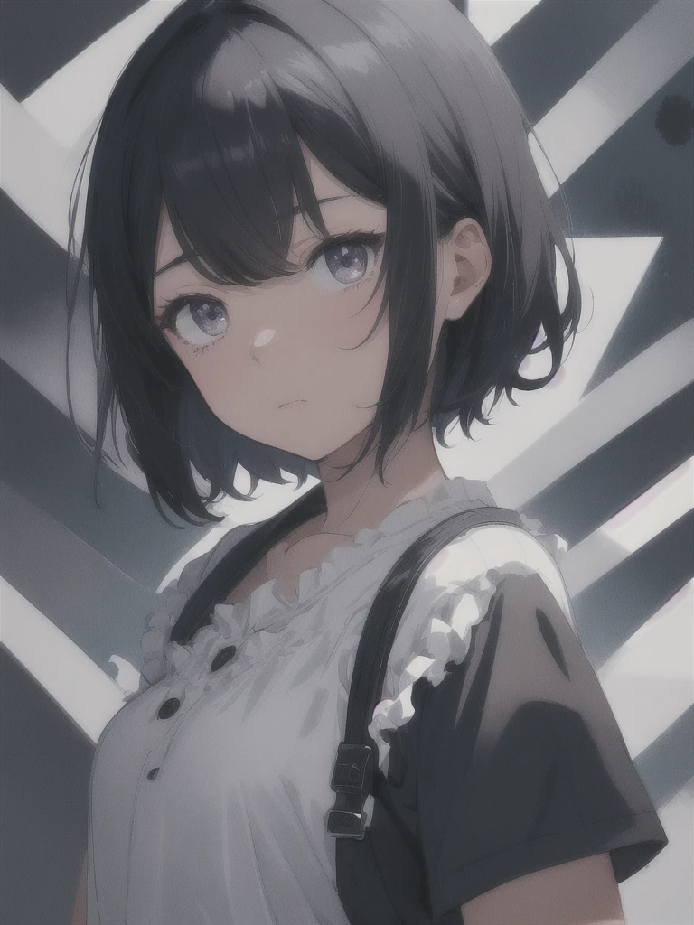 masterpiece, best quality, ultra-detailed, illustration, straight on, emotionless face, body and face, fluffy short dark blue hair, black eyes, fluffy short hair, wearing a white shirt, a 22 years old girl, blank background, hide hands.
