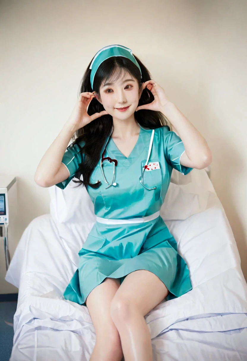 (full body shot), 1girl, (cheek heart:1.4), smiling beautiful Japanese female nurse wearing fitted aqua nurse dress, beautiful detailed face, Japanese woman, sitting, black hair, pale skin, realistic skin, detailed cloth texture, detailed hair texture, Perfect proportion, accurate, Anatomically correct, Highly detailed face and skin texture, modern hospital bed, photorealistic