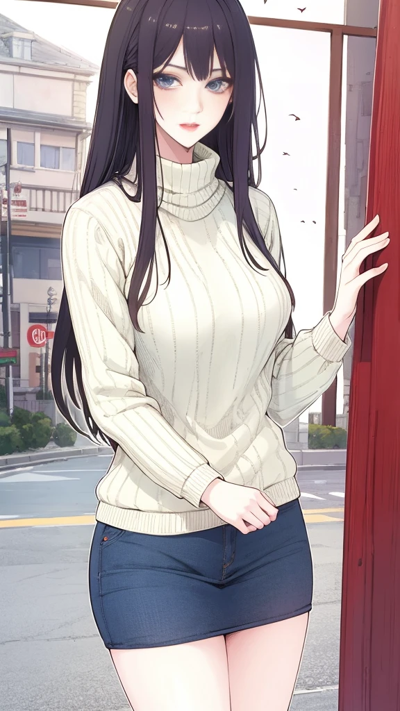 (masterpiece, Highest quality:1.2), 1 girl, Lonely,mature_Escape,Long black hair, sweater,on the road