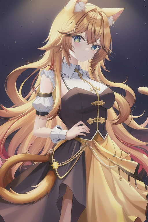 The upper part of the hair is dark brown，The lower part is golden yellow,High school girl with hair hanging down to her waist，cat ear，cat tail