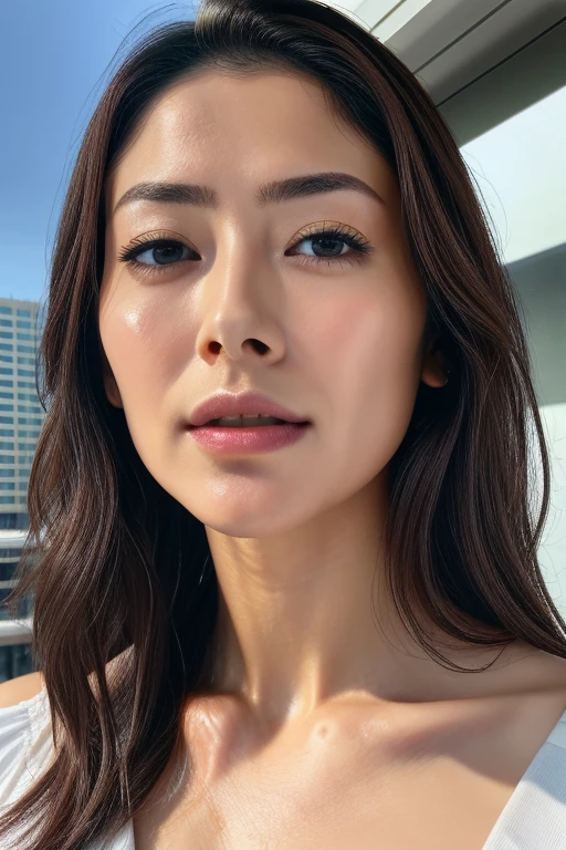 Beautiful Japanese actresses,1 girl,flying debris,,Award-winning photo, Very detailed, Focus your eyes, Nose and mouth,Face Focus, Extreme close up of face、 Age 35,Black Hair、Symmetrical face,Realistic nostrils、Angle from below、Elongated C-shaped nostrils NSFW,(Sharp Nose)Sweaty skin、Glowing Skin,(Brow wrinkles))(Cum on tongue)、Deep Kiss、((Thin eyebrows))Oily skin、Glowing Skin、double eyelid、、Beautiful woman、Medium Hair,Eyes Wide Open、Shortcuts、Summer cityscape、Off the shoulder、Suka can see the sky、Shibuya Center Street、