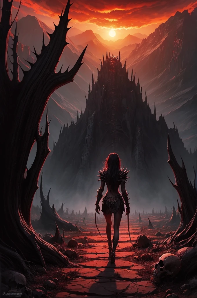 Demon Woman walking in hell where the ground is lava and the place is rocky full of mountains the sky is scary and there are several skulls in the place and many thorns (Fantasy Art/horor)