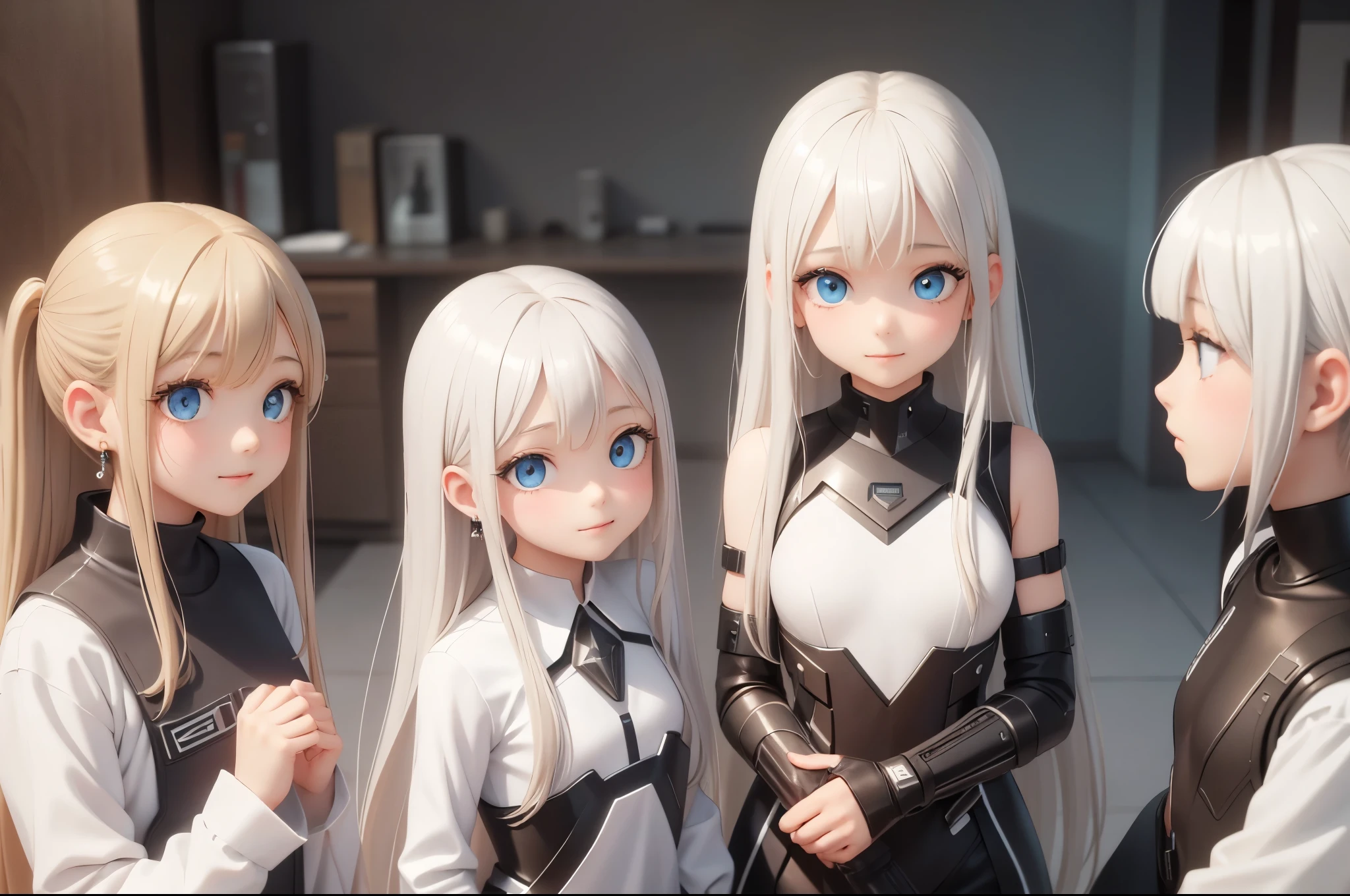 A woman wearing a helmet stands in front of a group of mannequins, Cyberpunk Art by Jim Barnes, society, retrofuturism, Daz3d, PS1 Graphics, Dystopian art、thin and soft hair、Dynamic、Earrings、necklace、Beautiful glowing white skin,、 bright, Refreshing and gentle look, Perfect beautiful pretty face, Shiny platinum blonde straight long hair reaching down to her waist, Beautiful shiny bangs, ((Very beautiful and beautiful4Year old girl)), eyeliner, so perfect and beautiful, Big clear sky blue eyes, bright eye highlights, Baby Face、Cute smile、Long eyelashes、Cute figure、Looking down on a young girl from above、photograph、high quality、24k、16k、quality、