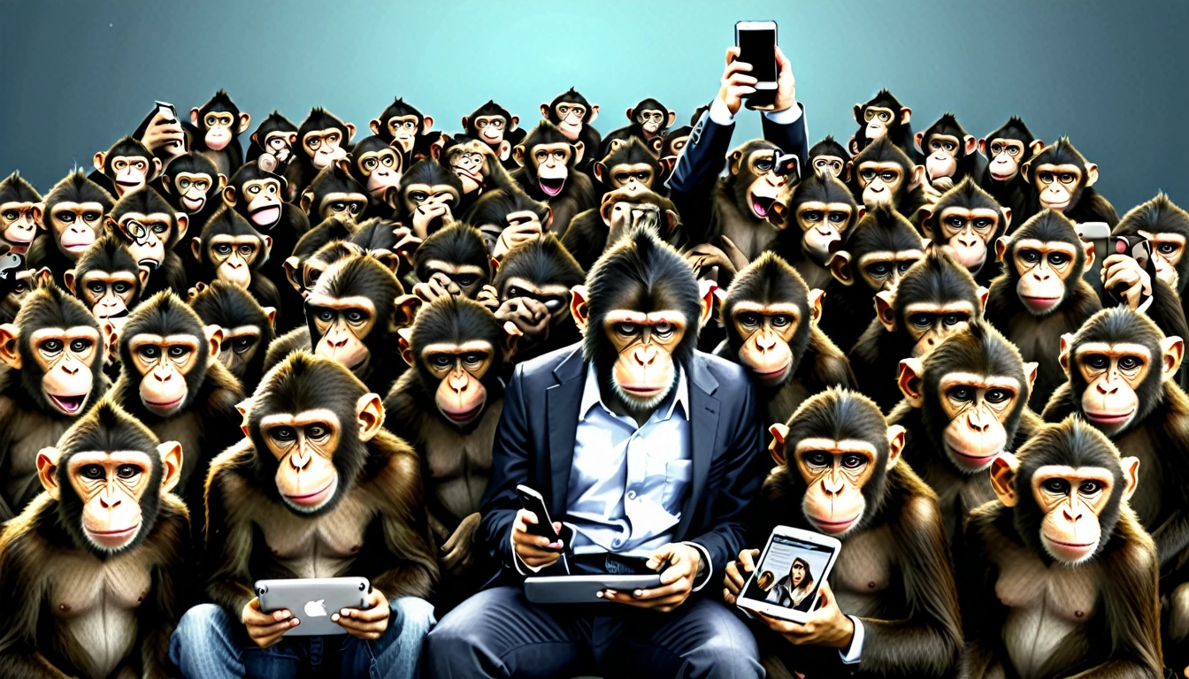 Create an illustration depicting a swarm of monkeys using social media to cyberbully. The horde of monkeys are individually wearing normal clothing. Draw a group of monkeys with smartphones, tablets, and smart phones typing furiously and posting negative comments. Some monkeys should look angry or malicious, while others should be laughing or having fun. The background should be a chaotic mix of digital screens displaying harmful messages and symbols of social media platforms. The overall atmosphere should convey the destructive and overwhelming nature of online harassment.
