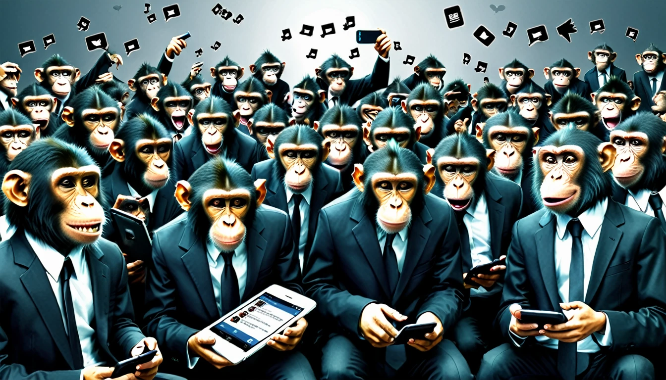 Create an illustration depicting a swarm of monkeys using social media to cyberbully. The horde of monkeys are individually wearing normal clothing. Draw a group of monkeys with smartphones, tablets, and smart phones typing furiously and posting negative comments. Some monkeys should look angry or malicious, while others should be laughing or having fun. The background should be a chaotic mix of digital screens displaying harmful messages and symbols of social media platforms. The overall atmosphere should convey the destructive and overwhelming nature of online harassment.
