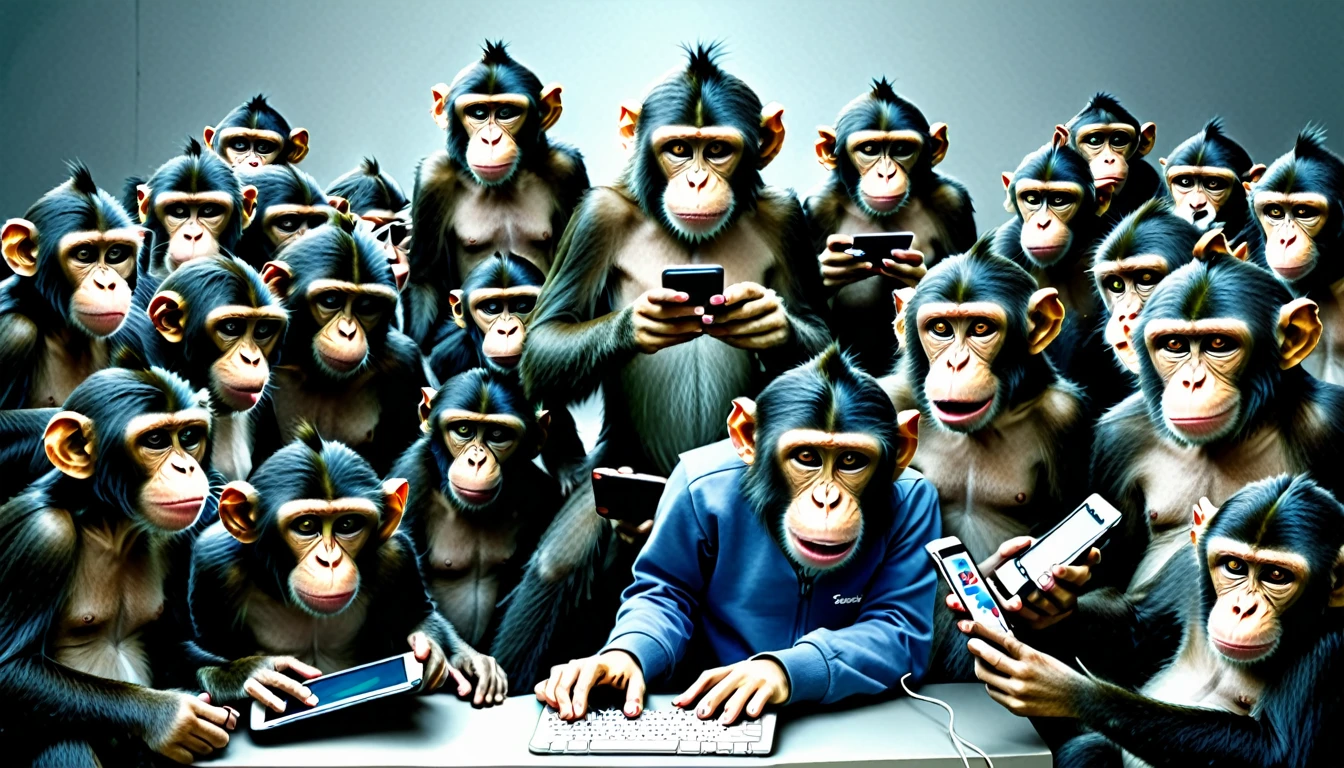 Create an illustration depicting a swarm of monkeys using social media to cyberbully. The horde of monkeys are individually wearing normal clothing. Draw a group of monkeys with smartphones, tablets, and smart phones typing furiously and posting negative comments. Some monkeys should look angry or malicious, while others should be laughing or having fun. The background should be a chaotic mix of digital screens displaying harmful messages and symbols of social media platforms. The overall atmosphere should convey the destructive and overwhelming nature of online harassment.
